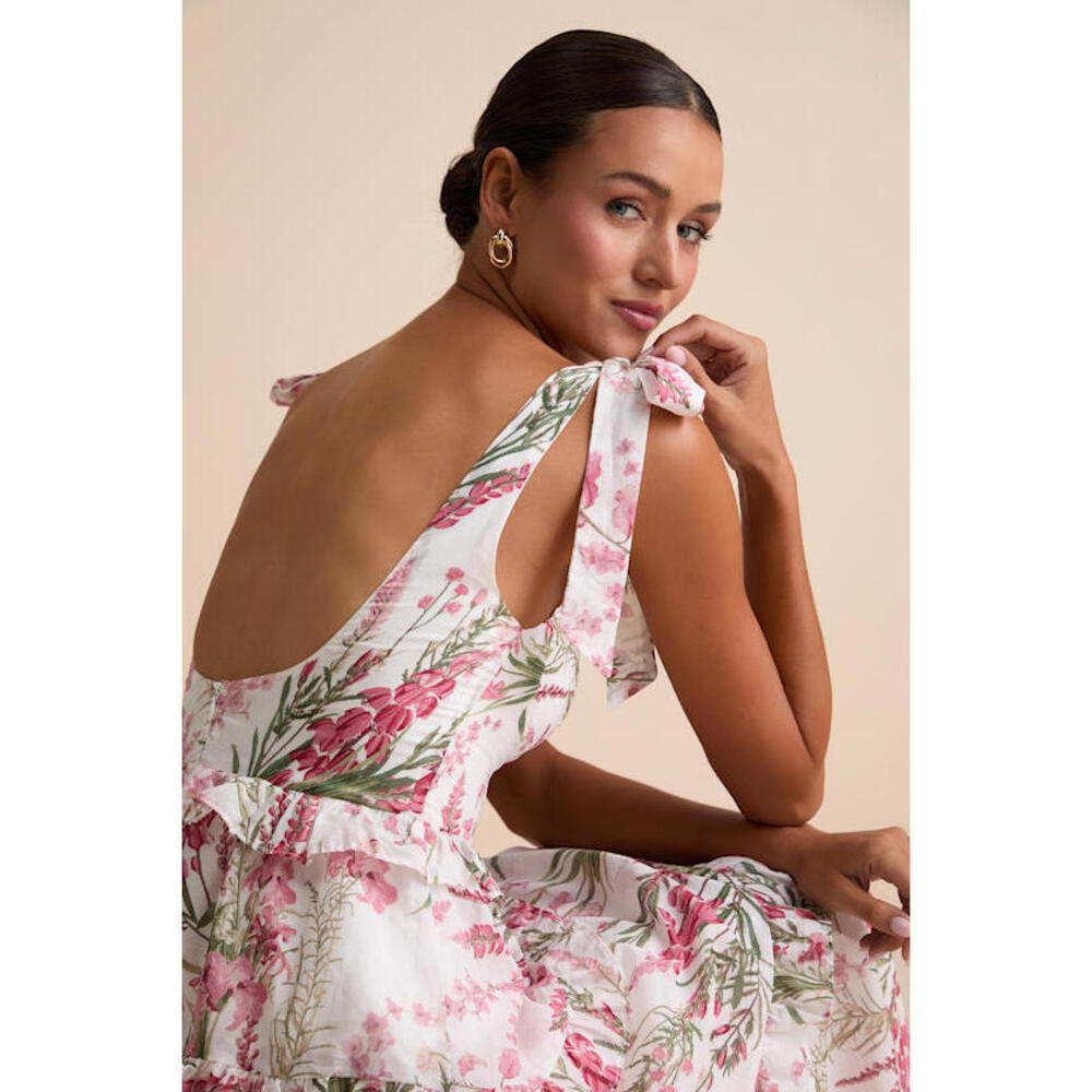 Lulus Naenia White Floral Tiered Tie-strap Midi Dress - Size L